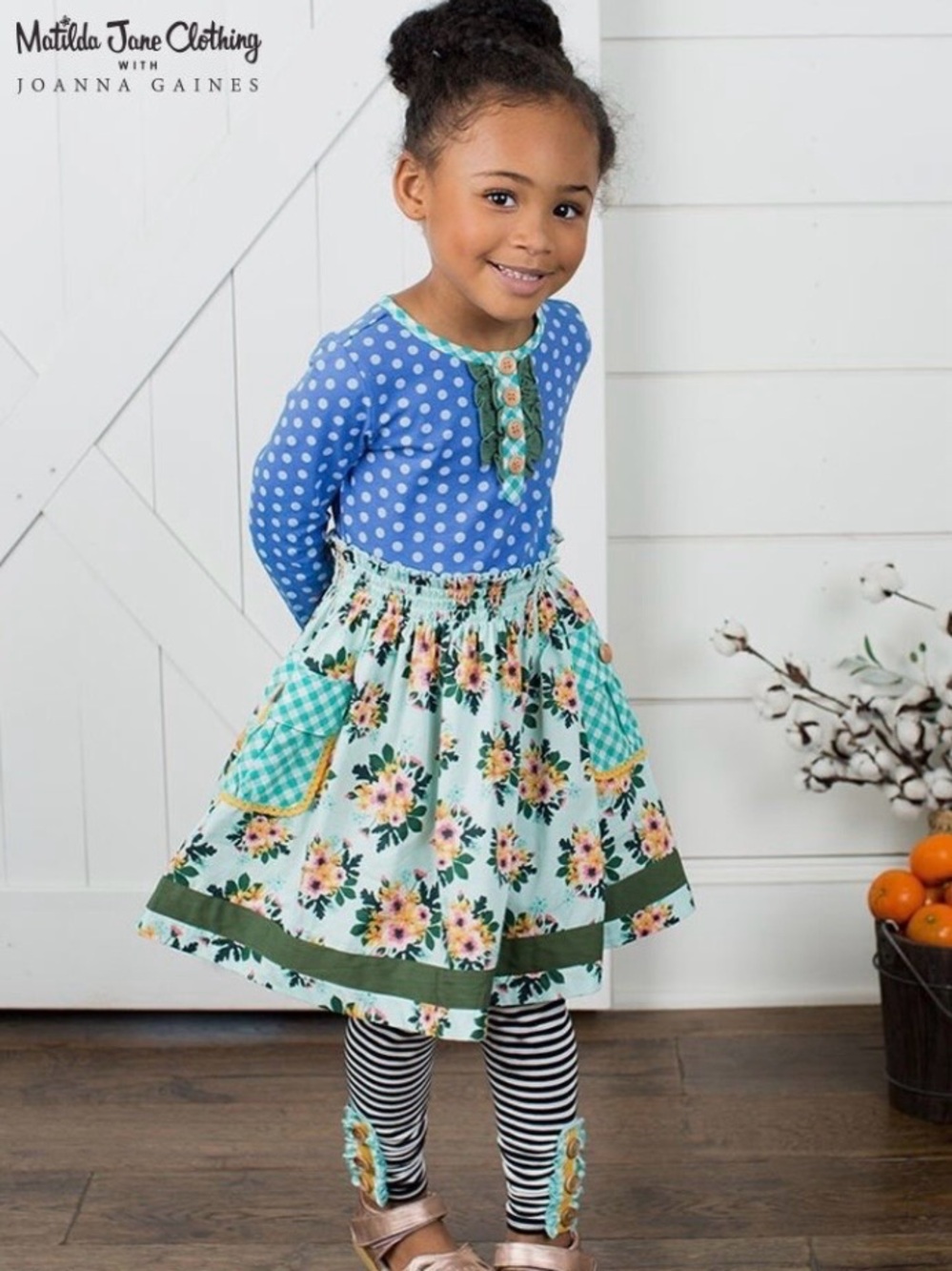 Matilda Jane blue yellow white polka dot floral Joanna Gaines dress with pockets